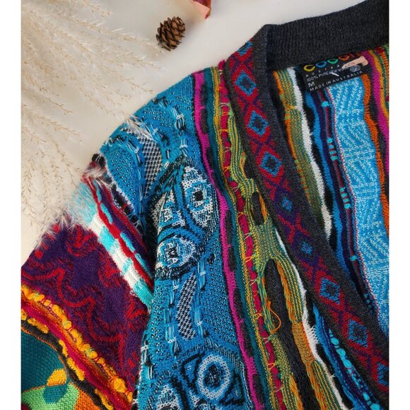 90s COOGI Australia crazy pattern 3D textured wool knitted sweater cardigan - Picture 3 of 12